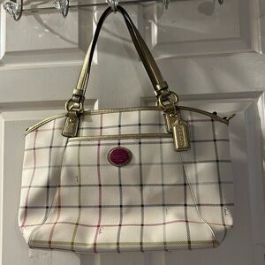 Coach White Plaid Shoulder Tote with Gold Handles and Pink Logo